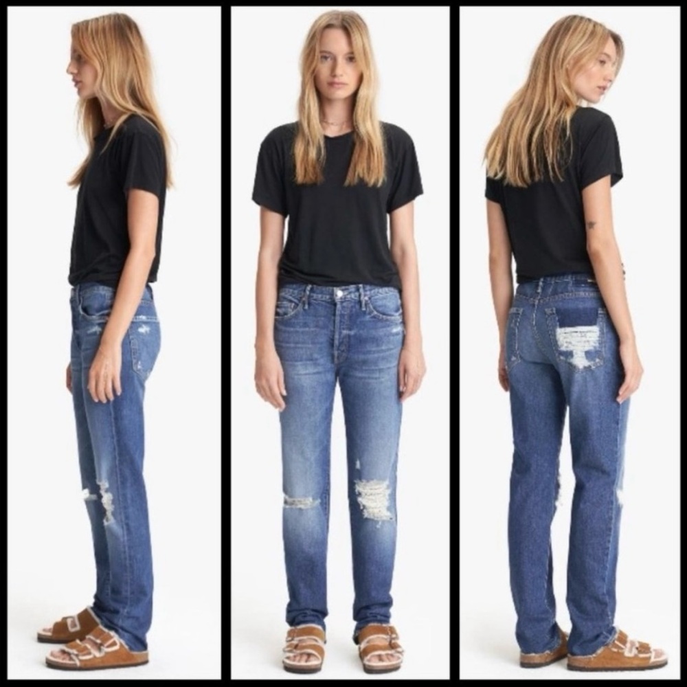 MOTHER Trickster Denim Jeans High Rise Waist Button Fly Distressed Raw Hem 29